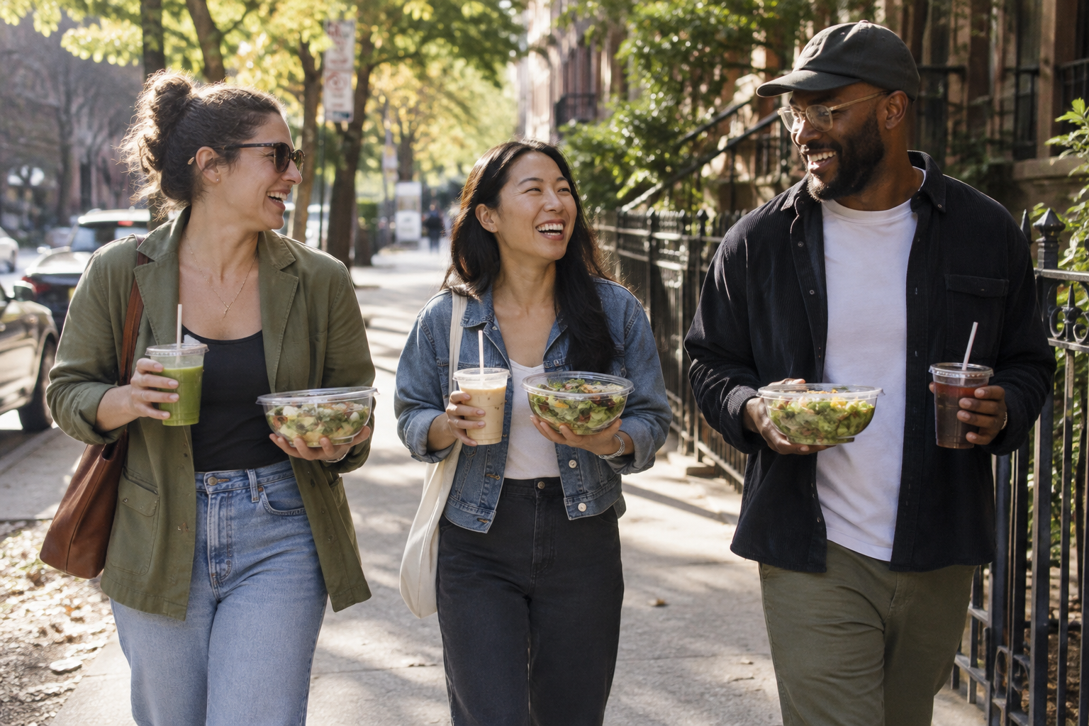 Three friends walking together with healthy meals