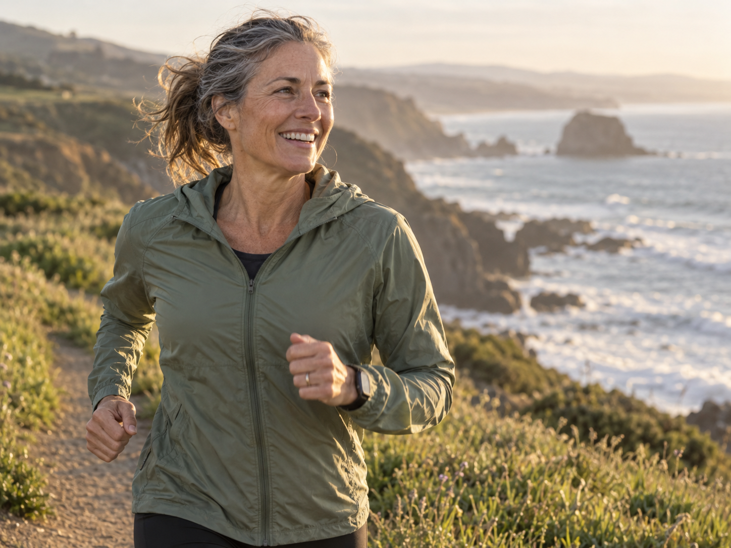 A woman jogging along a coastal path at dawn