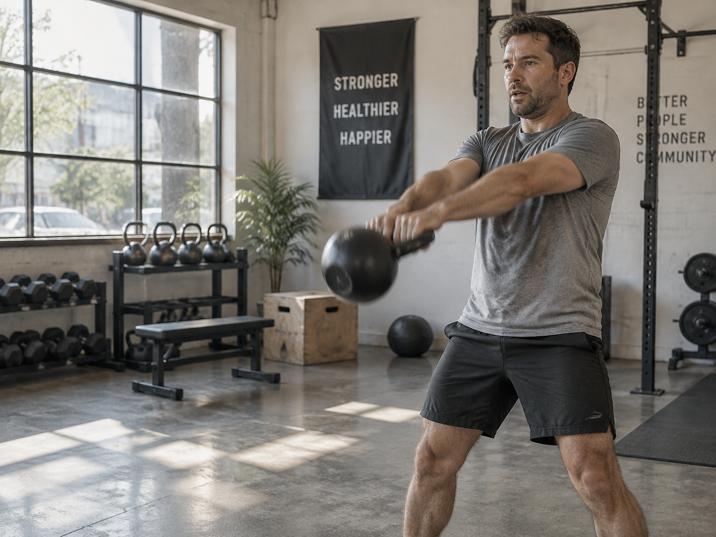 A man training with a kettlebell in a gym